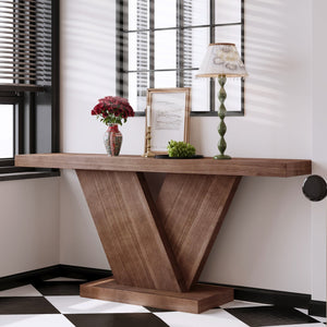 English Elm 66" Mid-century X-leg Console Oak Wash Veneer Entryway Sofa Table Geometric Base Walnut W1435P337637