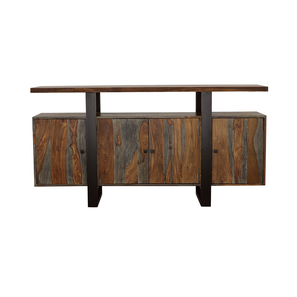 English Elm Kappelman Grey Sheesham Industrial 4-Door Server with Dual Countertops and U-Shaped Metal Legs B062P353472