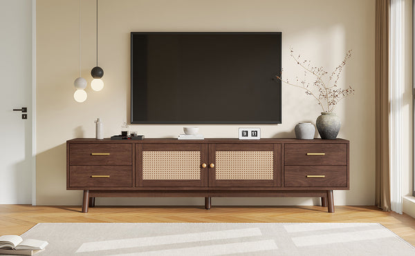 English Elm 70 Inch Mid Century Media Console with Tambour Doors Fluted Drawers and Wood Legs N710P419839P