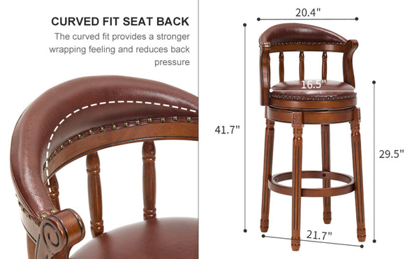 English Elm Seat Cow-Top Leather Wooden Bar Stool - 29.5" Height, 360° Swivel, Stylish Comfort For Home Bars W2195P331493-GIGA