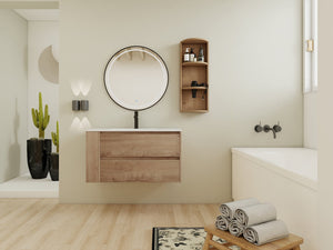 English Elm 36" Wall-Mounted Bathroom Vanity With Ceramic Sink, Dual Soft-Close Drawers & Side Rack Storage, Durable KD Packing W999S00344