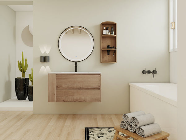 English Elm 36" Wall-Mounted Bathroom Vanity With Ceramic Sink, Dual Soft-Close Drawers & Side Rack Storage, Durable KD Packing W999S00344