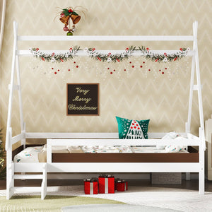 English Elm Twin House Shaped Platform Bed Solid Pine Frame with Built in Stairs for Kids W1580P354718