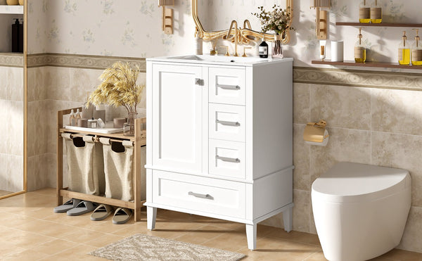 English Elm 24" Olive Bathroom Vanity Solid Wood Frame Ceramic Sink Gold Hardware Soft Close White N729P373276K