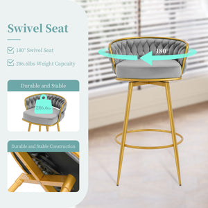 English Elm Christopher Knight Home® - Swivel Counter Height Bar Stools Set of 2 with 180° Turn, Hand-Woven Back, Gold Frame, Velvet Comfort Grey N762P216979E