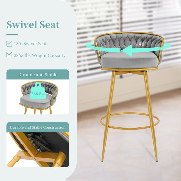 English Elm Christopher Knight Home® - Swivel Counter Height Bar Stools Set of 2 with 180° Turn, Hand-Woven Back, Gold Frame, Velvet Comfort Grey N762P216979E