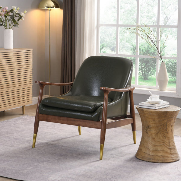 English Elm 29.2'' Mid-century Faux Leather Chair Solid Wood Frame Brass Tipped Legs Lounge Seating N767P371243G
