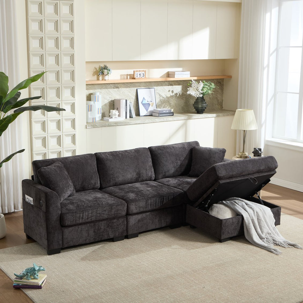 English Elm Modern Chenille L-shaped Sectional with Usb Charging Ottoman Storage Living Room Couch Black W2120S00014