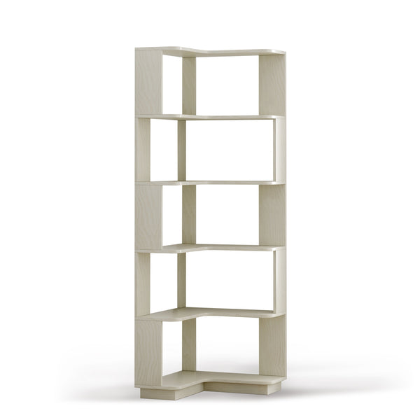 English Elm 6 Tier Freestanding L-Shaped Corner Bookshelf with Anti-Tip, Rounded Corners, 3D Wood Grain Finish White Oak W2899P372515