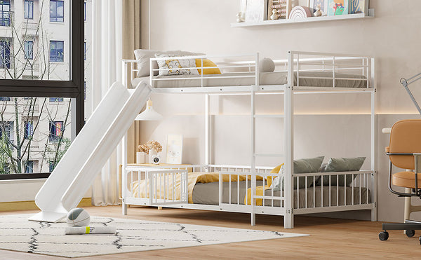 English Elm Twin Twin over Twin metal bunk bed with slide, guardrails and convertible loft design for safety and playfulness White SF000169AAK
