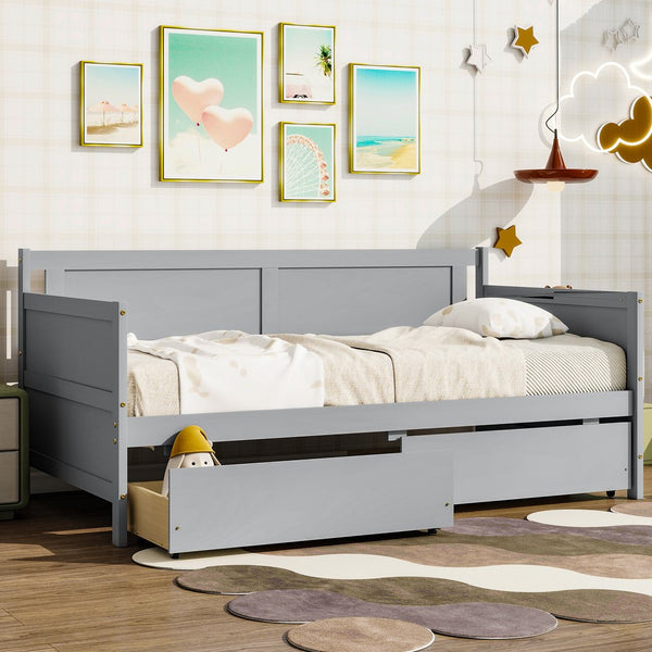 English Elm Twin Pine Wood Daybed with Two Hidden Storage Drawers, Space-Saving Twin Sofa Bed with Clean Silhouette Grey W504P149044