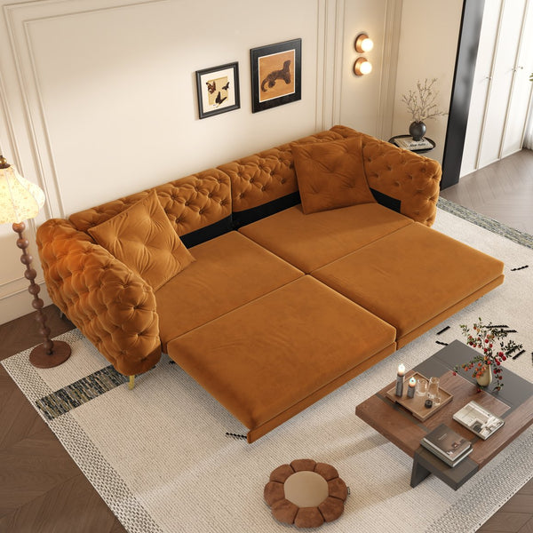 English Elm 97.6" Oversized Velvet Chesterfield Sleeper Sofa Floral Tufted Roll Arm Living Room Couch Orange W1885S00299