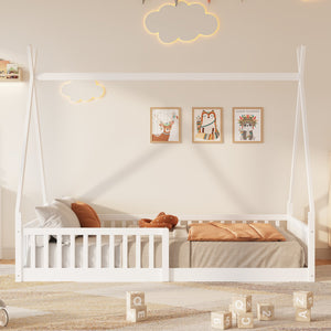English Elm Twin House Bed with Roof and Fence for Kids – Sturdy Pine Frame, Vintage Wash Design, Safe Sleep Space White N709P183348K