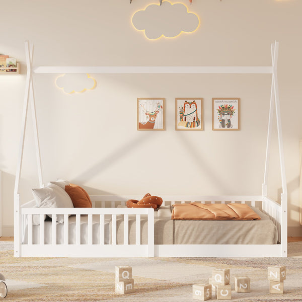 English Elm Twin House Bed with Roof and Fence for Kids – Sturdy Pine Frame, Vintage Wash Design, Safe Sleep Space White N709P183348K