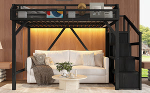 English Elm Full Xl Over Twin Triple Metal Bunk Bed with Storage Stairs and Shelves Black Black+Natural W1580S00407