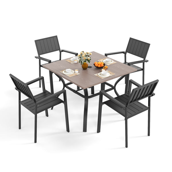 English Elm 5‑piece Outdoor Patio Dining Set Square Iron Table with Wood Grain Finish and Slat Chairs Black+Natural W3979S00048