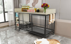 English Elm Large Iron Mdf Pet Enclosure with Storage Cabinet Rolling Casters and Steel Feeding Basins W3064P245384