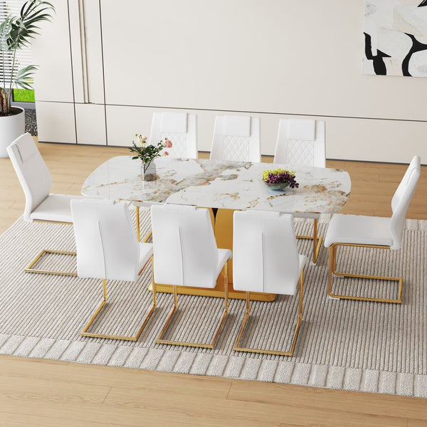 English Elm Table And Chair Set - Luxurious 71" Pandora Glass Top With Gold C-Shaped Legs & 8 White Pu Chairs W1151S03228-GIGA