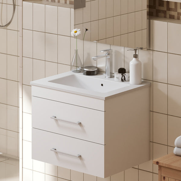 English Elm 24-Inch White Gloss Wall-Mounted Bathroom Vanity With Soft-Close Drawers & Sleek Ceramic Sink W3151S00016
