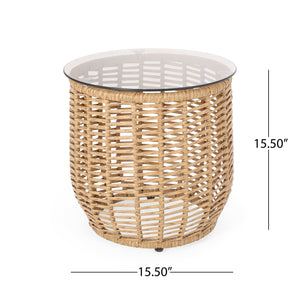 English Elm Christopher Knight Home® - ARIAS RATTAN SIDE TABLE with Tempered Glass Top, Boho Drum Design, Durable Woven Polyethylene Finish Light Brown 65764.00LBRN