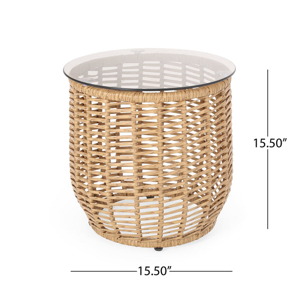 English Elm Christopher Knight Home® - ARIAS RATTAN SIDE TABLE with Tempered Glass Top, Boho Drum Design, Durable Woven Polyethylene Finish Light Brown 65764.00LBRN