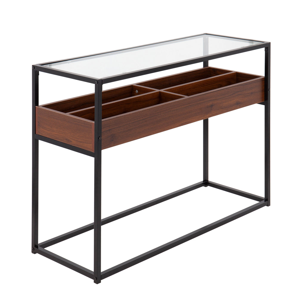 English Elm Contemporary Glass Top Console Table with Matte Black Frame and Wood Storage Walnut B202P223378