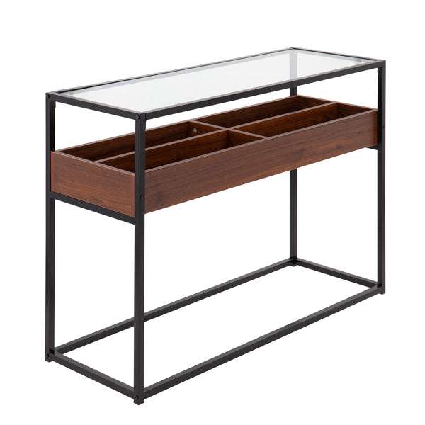 English Elm Contemporary Glass Top Console Table with Matte Black Frame and Wood Storage Walnut B202P223378