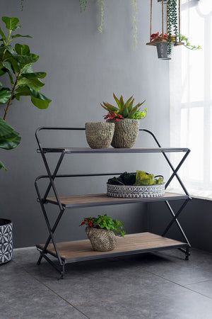 English Elm 34.3x16.9x32.7" Three Tier Fir Wood Iron Shelf Industrial Storage and Planter Stand W2078P499748