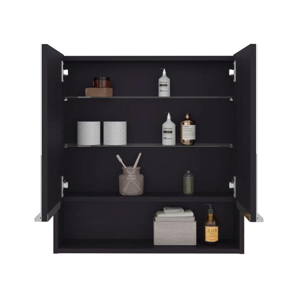 English Elm Medicine Cabinet With Mirror, Open Shelf & 3 Interior Shelves - Stylish Black Storage Solution! B097133184