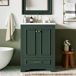English Elm 24'' Bathroom Vanity with Ceramic Sink Combo Modern Freestanding MDF Cabinet with Soft-Close Doors and Sleek Silver Handles for Spacious Organized Bathroom Storage Green N710P194893F