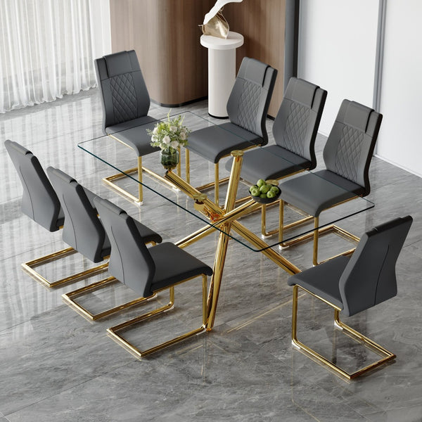 English Elm Table Modern Luxurious Transparent Glass Dining Set With 8 Dark Gray Pu Chairs & Gold Legs W1151S02592-GIGA