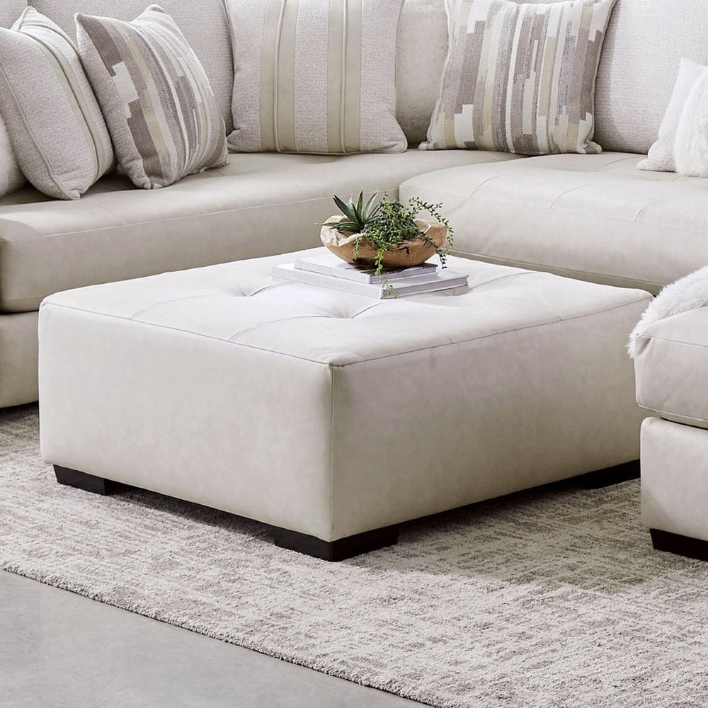 English Elm Transitional Ottoman With Biscuit-Tufting, Ivory Leatherette, And Sturdy Wooden Legs For Versatile Use B2741P355172-GIGA