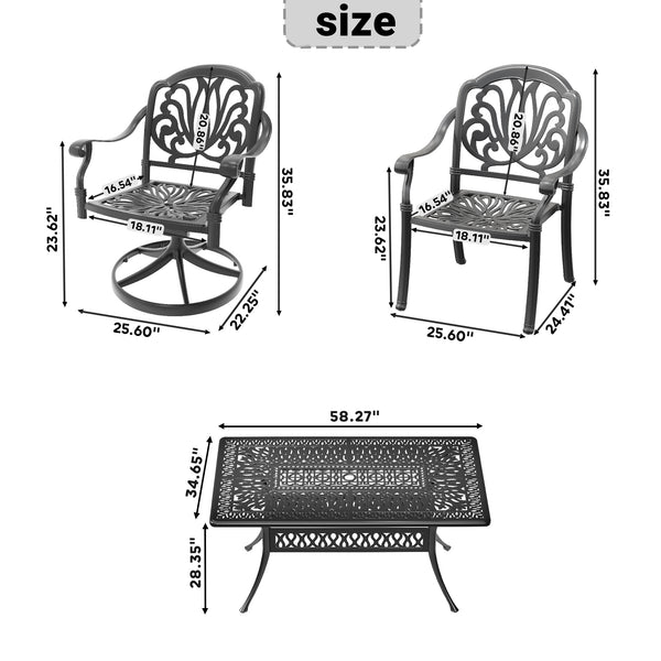 English Elm 7-Piece All-Weather Cast Aluminum Dining Set With Swivel Chairs, Cushions & Rectangular Table, Black Frame W1710S00367
