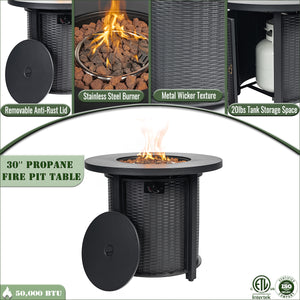 English Elm 30" Propane Fire Pit Table 50000BTU Round Steel Patio Heater with Lava Rocks ETL Stainless Burner W853130169
