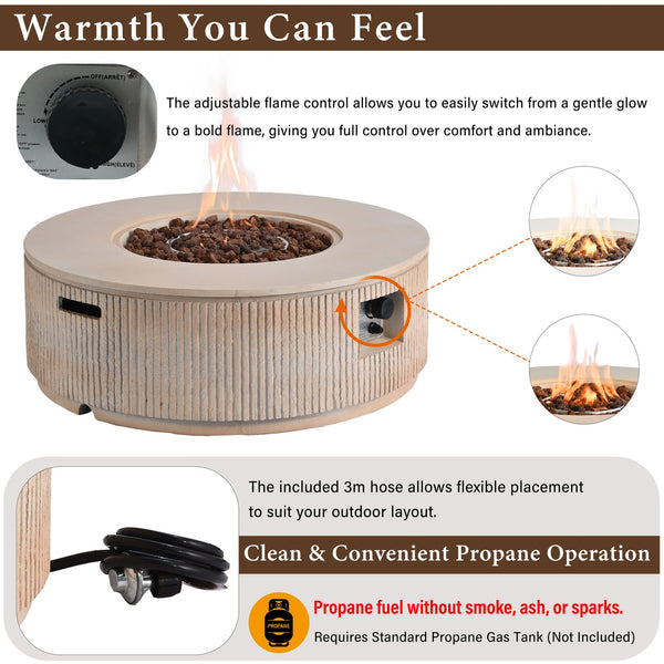 English Elm U_style Round Mgo Propane Fire Pit 50000 Btu Sculptural Outdoor Patio Table with Lava Rocks Brown N711P410549D