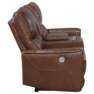 English Elm Denson Saddle Brown Power Reclining Loveseat with Console, Cup Holders & Easy-Care Leatherette Comfort B062P353262