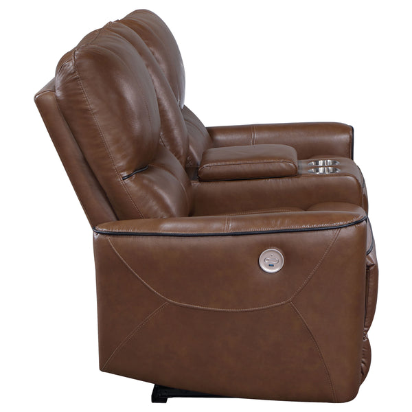 English Elm Denson Saddle Brown Power Reclining Loveseat with Console, Cup Holders & Easy-Care Leatherette Comfort B062P353262