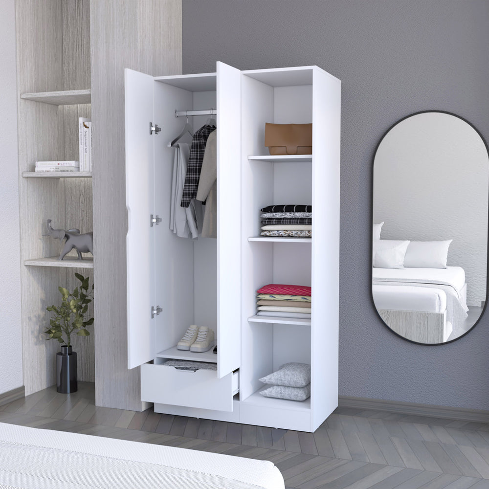 English Elm Bethel Slim Profile Wardrobe Armoire with Hanging Rods Open Shelves and Drawer B128S00223