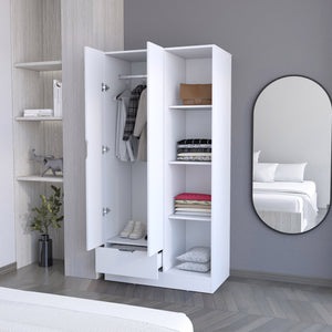 English Elm Bethel Slim Profile Wardrobe Armoire with Hanging Rods Open Shelves and Drawer B128S00223