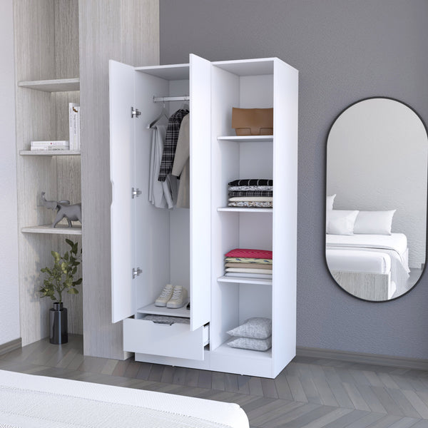 English Elm Bethel Slim Profile Wardrobe Armoire with Hanging Rods Open Shelves and Drawer B128S00223