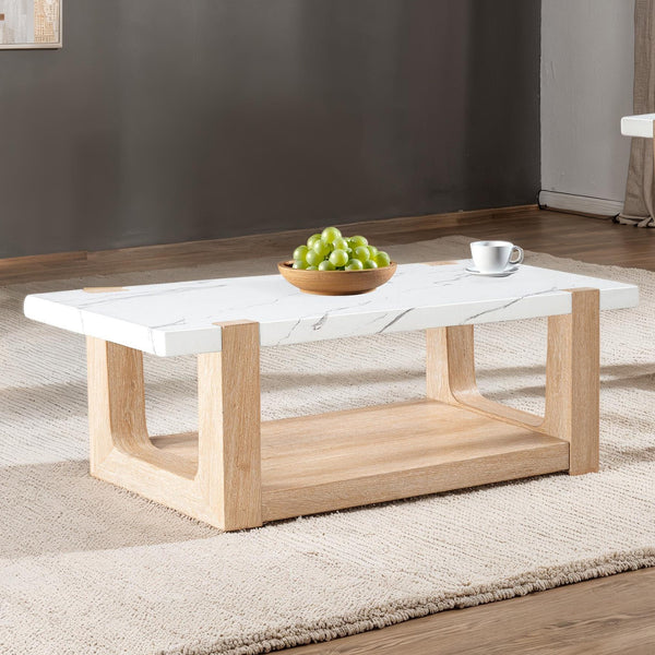 English Elm Modern 3pc Table Set with Faux Marble Tops and Two-Tone Finish, Sleek Contemporary Sofa Coffee End Tables 48" Natural,White 52 L x 30 W x 11 H B2741S00694