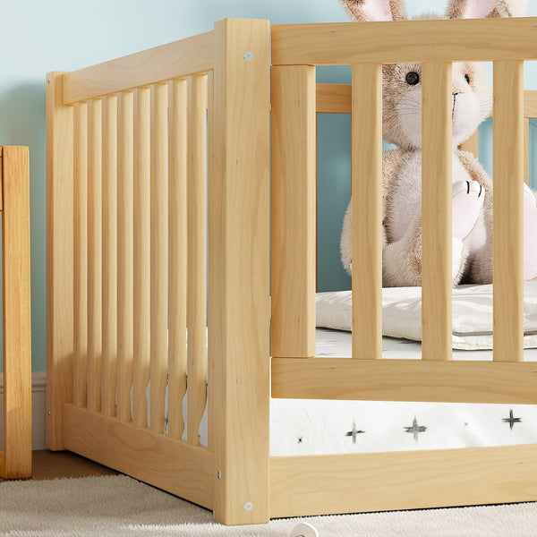 English Elm Twin Floor Bed Pine Wood Frame with Guardrails and Door for Safe Toddler Sleep Natural W1580P417669