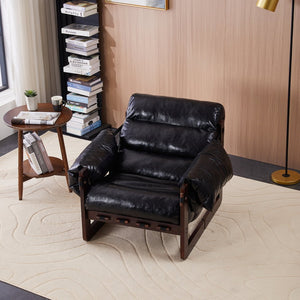 English Elm Medieval premium lounge chair with oil-waxed leather, removable cushion, mortise & tenon frame stability Antique Black W2989P328542