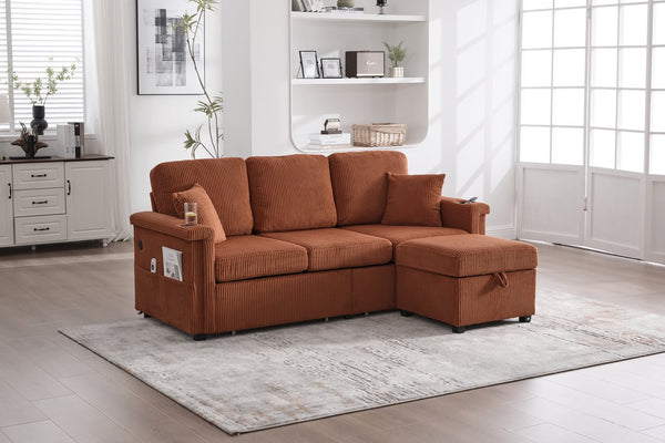 English Elm UNITED Corduroy L-Shaped Sectional Sofa with Storage Ottoman, USB Ports, Cup Holders & LED Lighting Orange W1568P332402