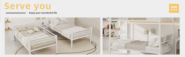 English Elm Twin Metal Bunk Bed for Kids Durable Sturdy Frame with Guardrails & Ladder, Convertible to 2 Beds White W1935P300320