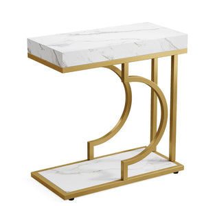English Elm Stable C-shaped Side Table Faux Marble Top Gold Metal Frame Sofa Arm Accent T3971P446749