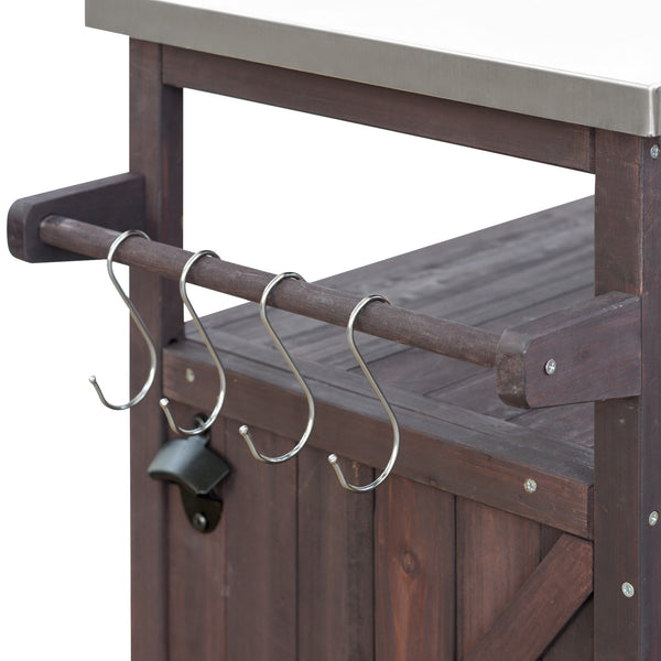 English Elm K&K Outdoor Kitchen Island Rolling Bar Cart with 1.2" Stainless Steel Top, Ample Storage, Wheels and Spice Rack Dark Brown WF532198AAZ