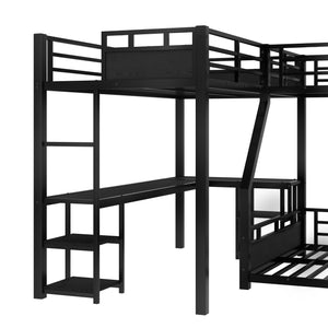 English Elm L-Shaped Metal Bunk Bed With Twin Xl Loft, Queen Bed, Desk, Shelves & Slide - Space-Saving Design! W1580S00279