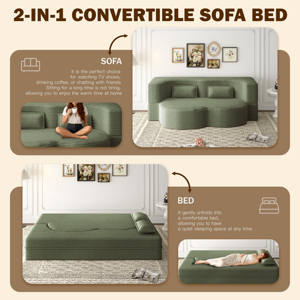 English Elm Modern Full Size Folding Sofa Bed Plush Corduroy Convertible Sleeper with 2 Pillows Foam-Filled 15" Mattress Green W1885P369586