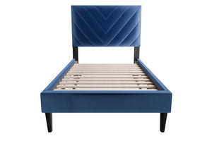 English Elm 1pc Twin Platform Bed Velvet Upholstered Adjustable Headboard V-stitch Blush Bedroom Navy Blue B011P415212